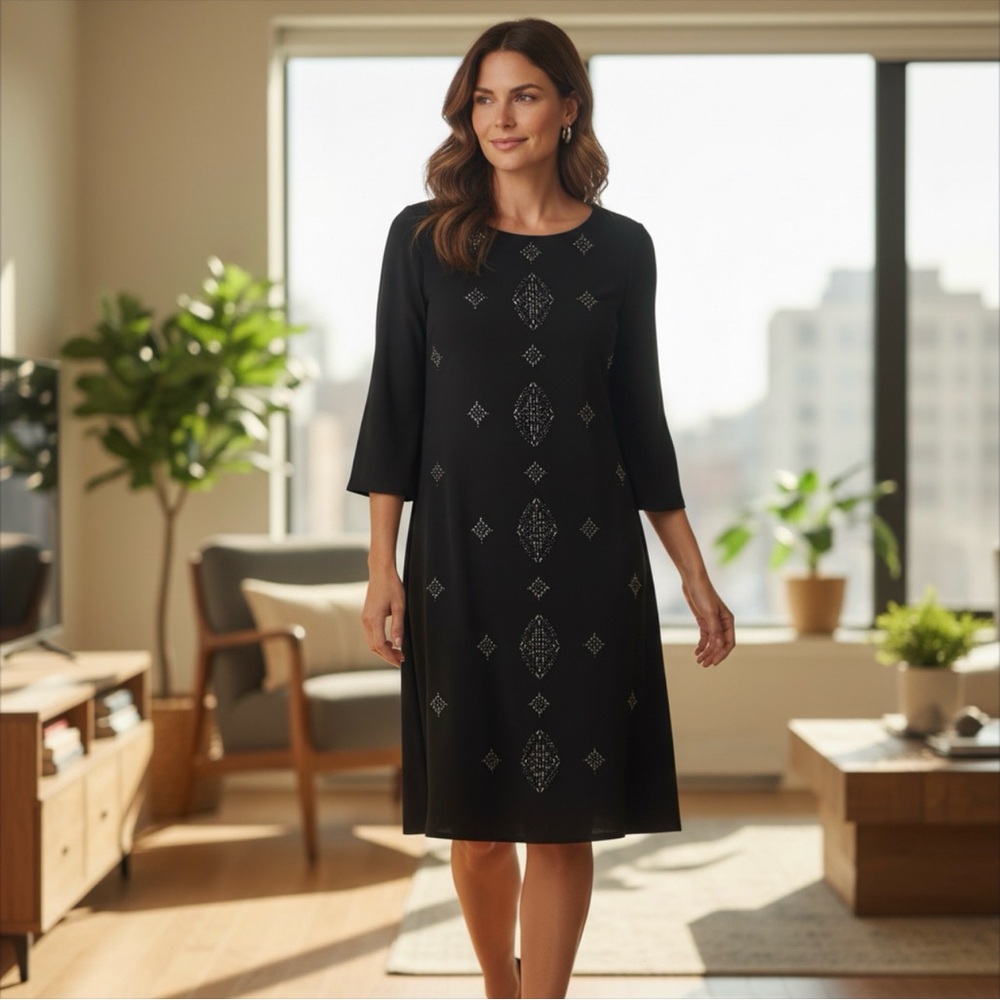 White House Black Market Embellished Black Shift Dress Sequins Sz S EUC Classic - Picture 9 of 9